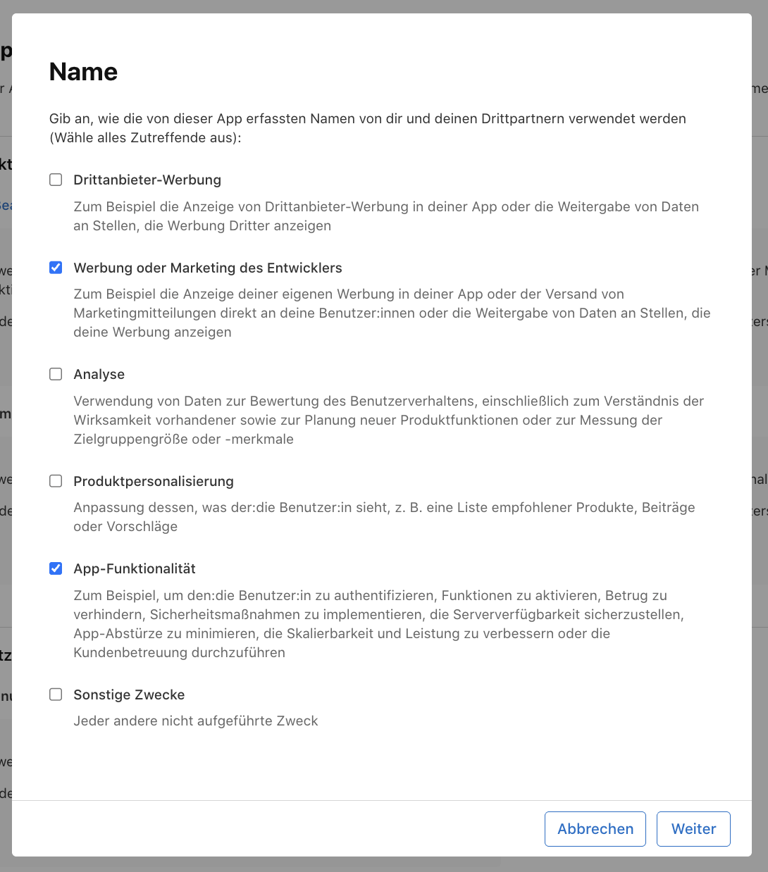 Datenschutzeinstellungen in App Store Connect
