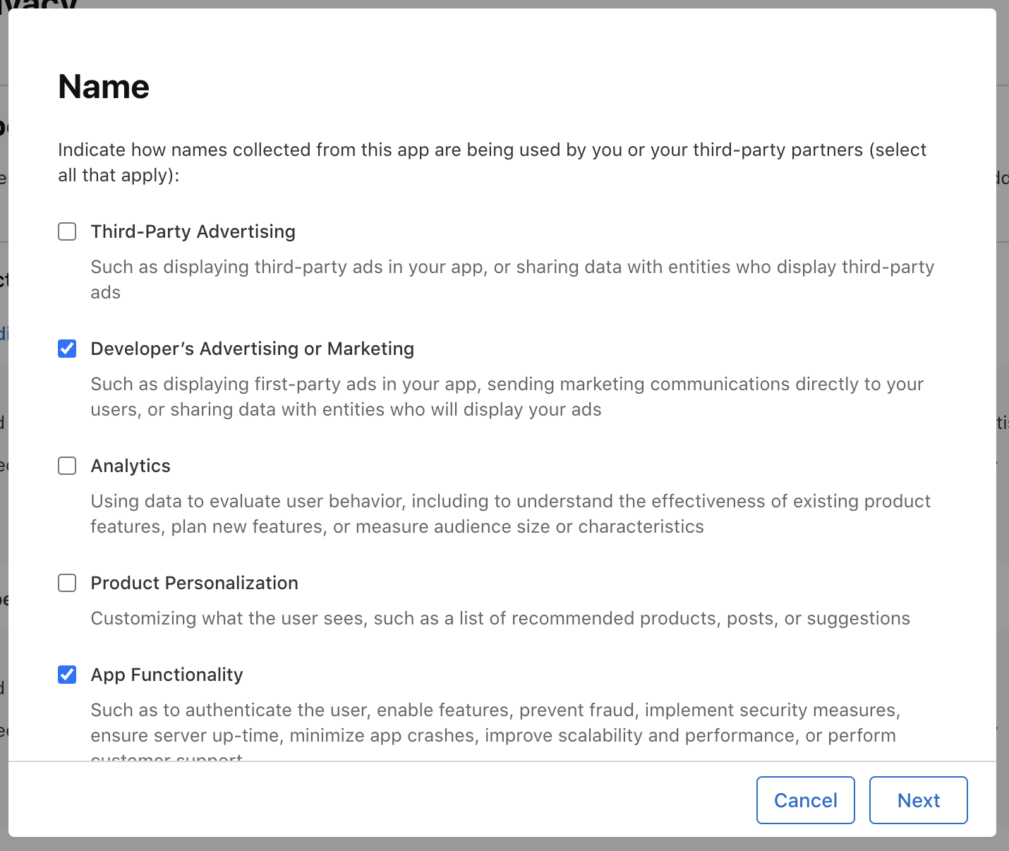 Privacy settings in App Store Connect