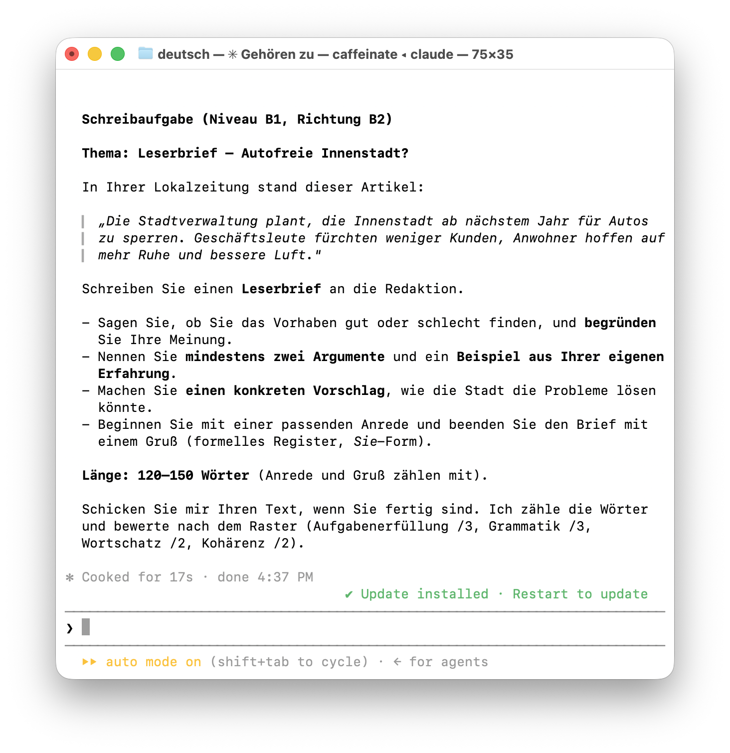 Schreibaufgabe im Plugin zum Deutschlernen